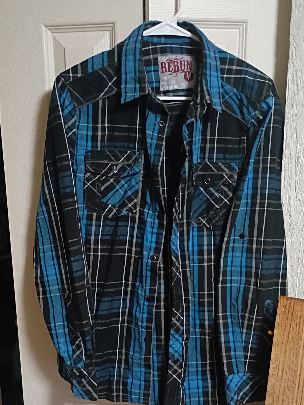 Rerun Men's Blue and Black Plaid Button-Down Shirt